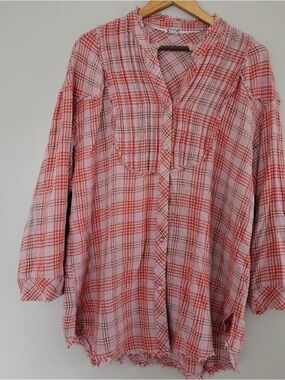 Free People Pink Plaid Button-Front Top, small oversized
